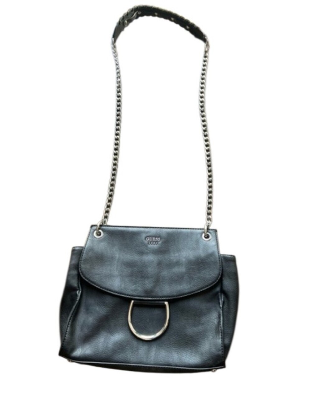 Guess Black Leather Shoulder Bag with Silver Chain